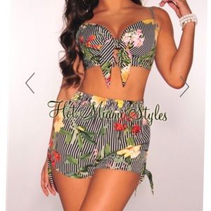 Black White Striped Floral Two Piece Set
